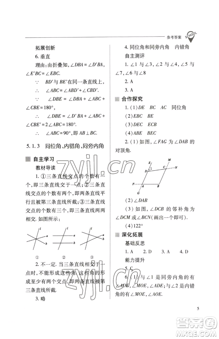 山西教育出版社2023新課程問題解決導學方案七年級下冊數學人教版參考答案