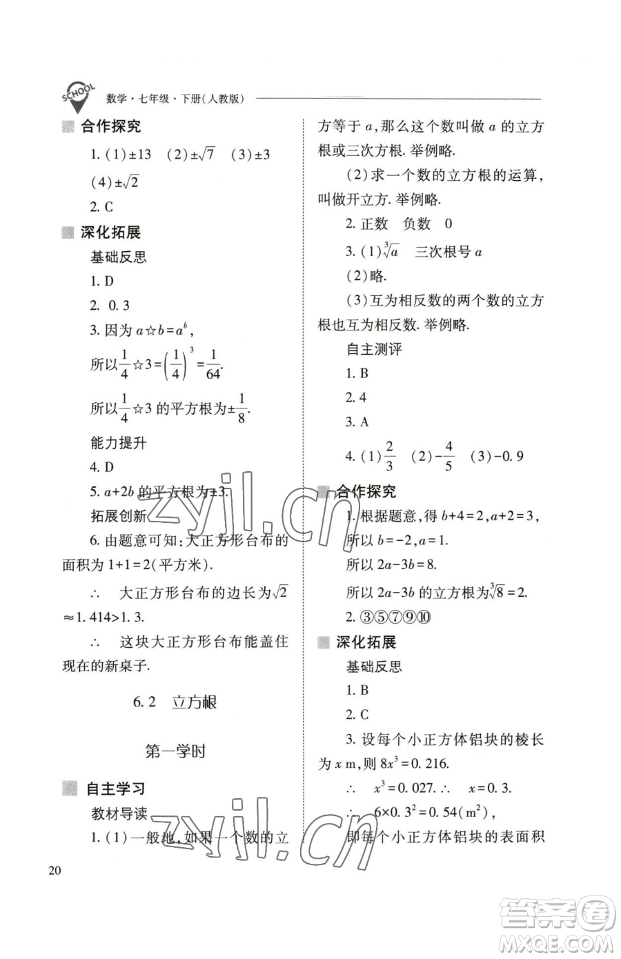 山西教育出版社2023新課程問題解決導學方案七年級下冊數學人教版參考答案