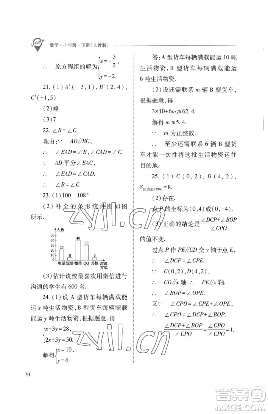 山西教育出版社2023新課程問題解決導學方案七年級下冊數學人教版參考答案