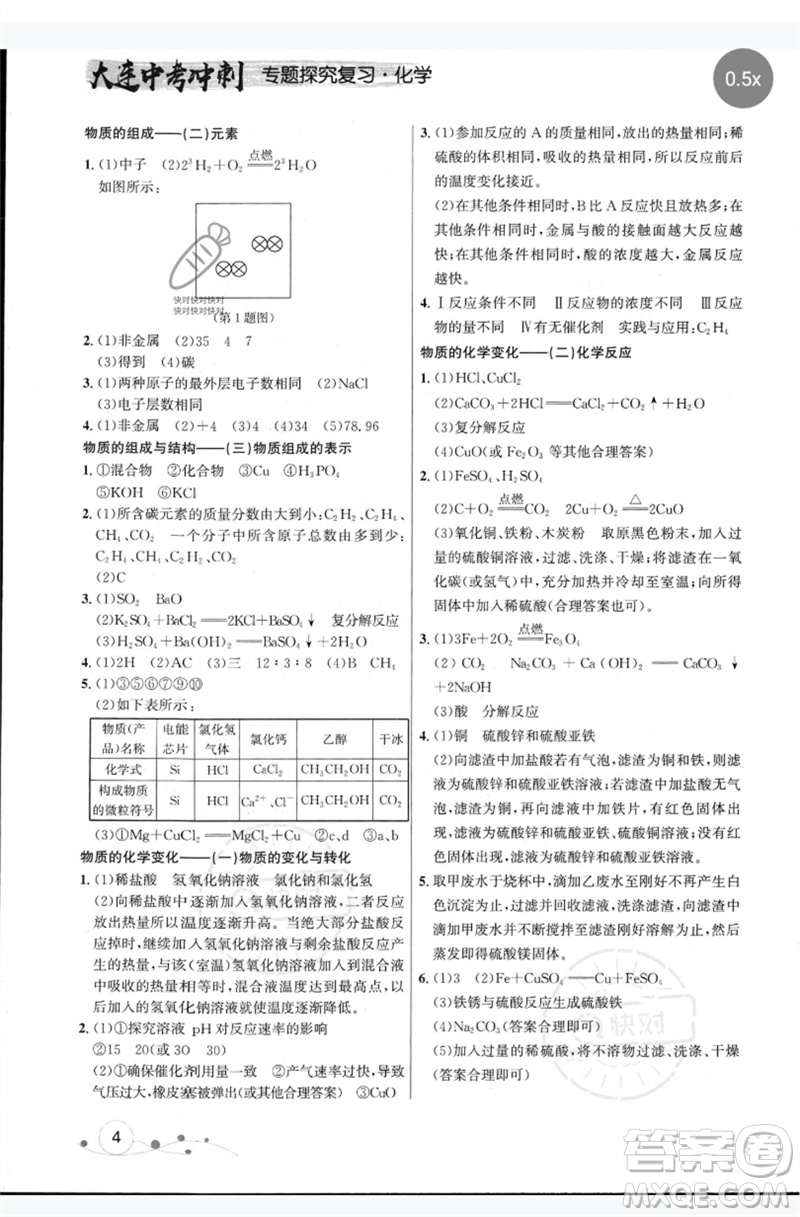 現(xiàn)代教育出版社2023大連中考沖刺專題復(fù)習九年級化學(xué)通用版參考答案