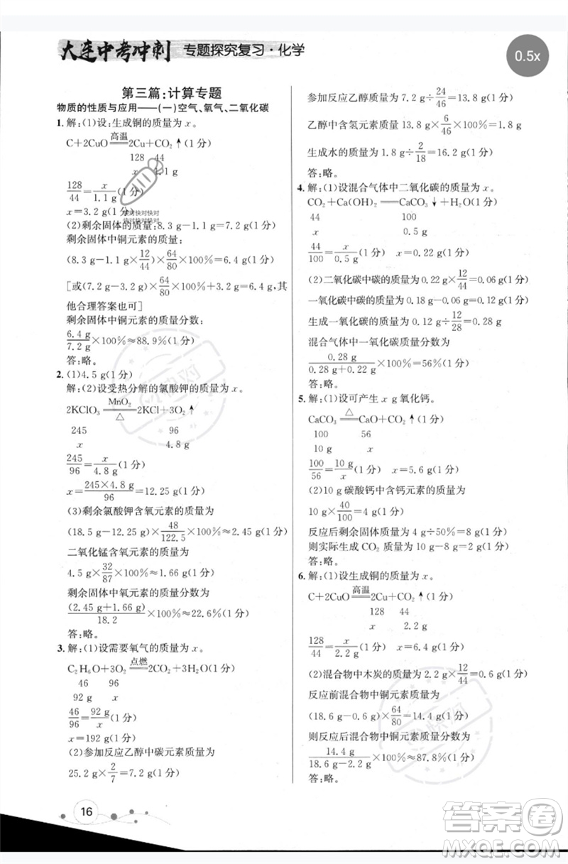 現(xiàn)代教育出版社2023大連中考沖刺專題復(fù)習九年級化學(xué)通用版參考答案