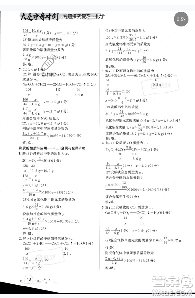 現(xiàn)代教育出版社2023大連中考沖刺專題復(fù)習九年級化學(xué)通用版參考答案