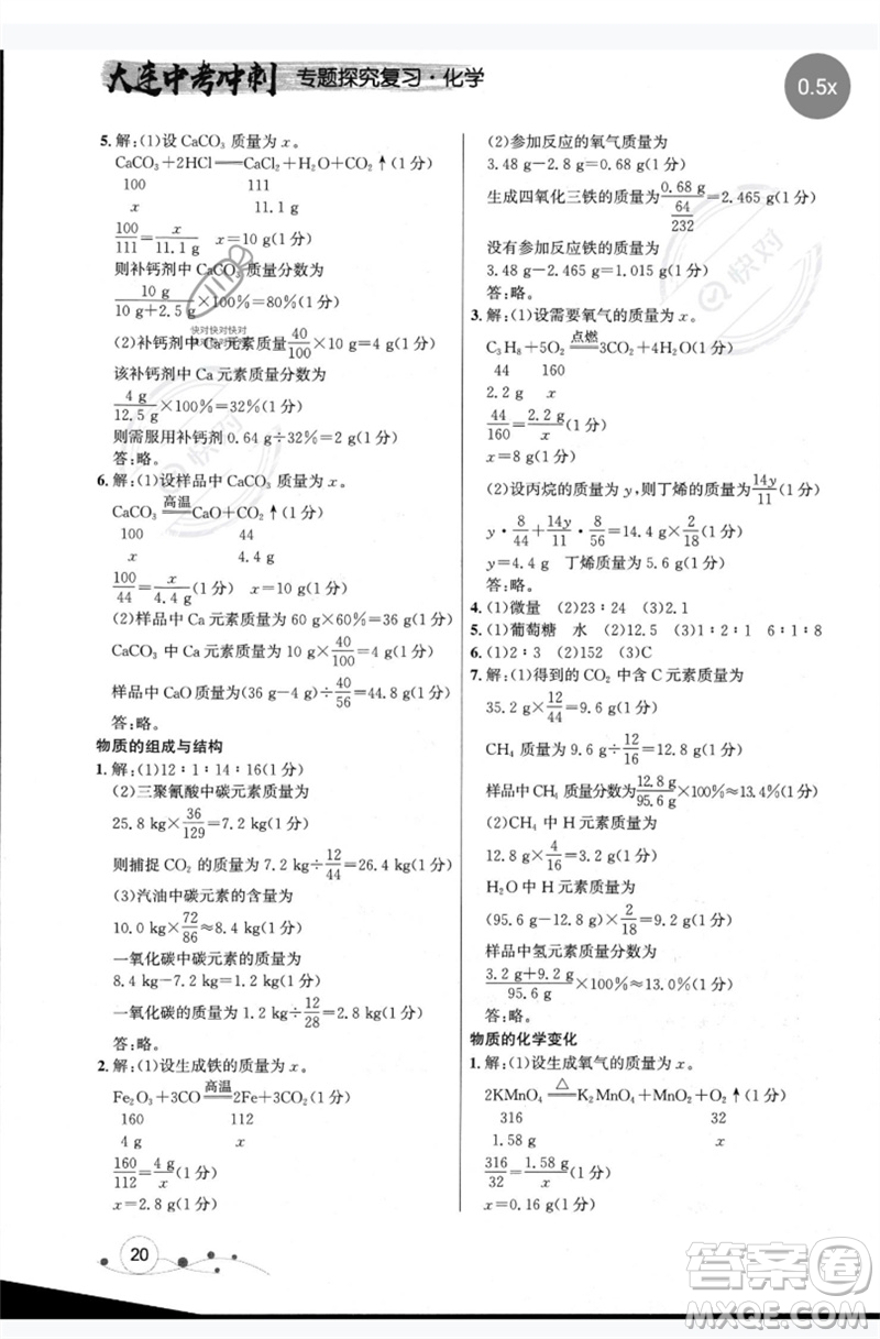 現(xiàn)代教育出版社2023大連中考沖刺專題復(fù)習九年級化學(xué)通用版參考答案