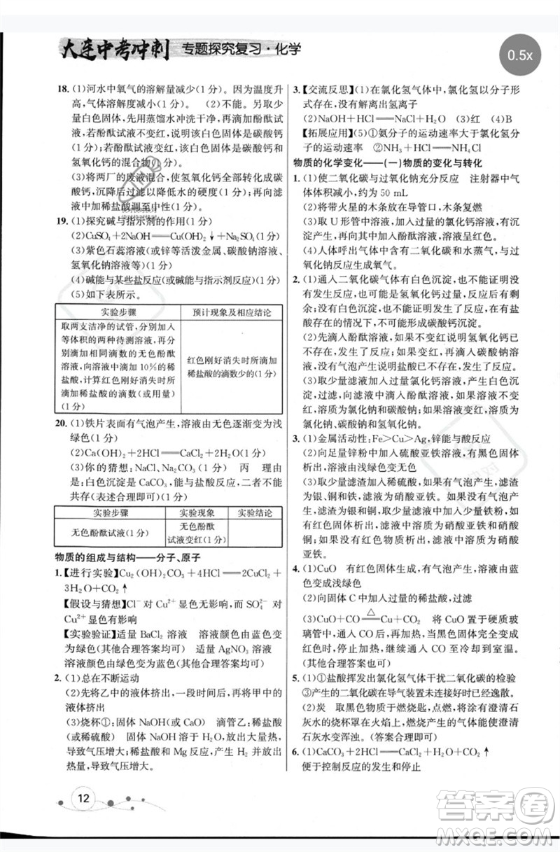 現(xiàn)代教育出版社2023大連中考沖刺專題復(fù)習九年級化學(xué)通用版參考答案
