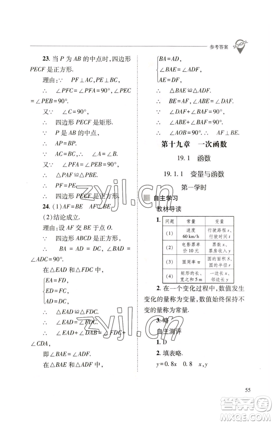 山西教育出版社2023新課程問題解決導(dǎo)學(xué)方案八年級下冊數(shù)學(xué)人教版參考答案