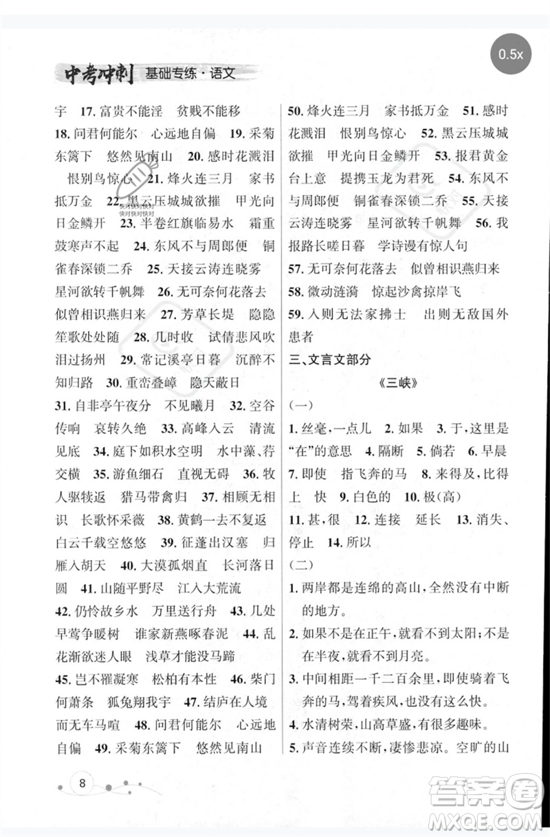 遼寧大學(xué)出版社2023年大連中考沖刺基礎(chǔ)專練九年級語文通用版參考答案