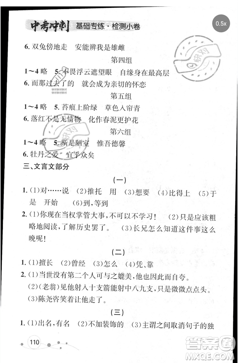 遼寧大學(xué)出版社2023年大連中考沖刺基礎(chǔ)專練九年級語文通用版參考答案