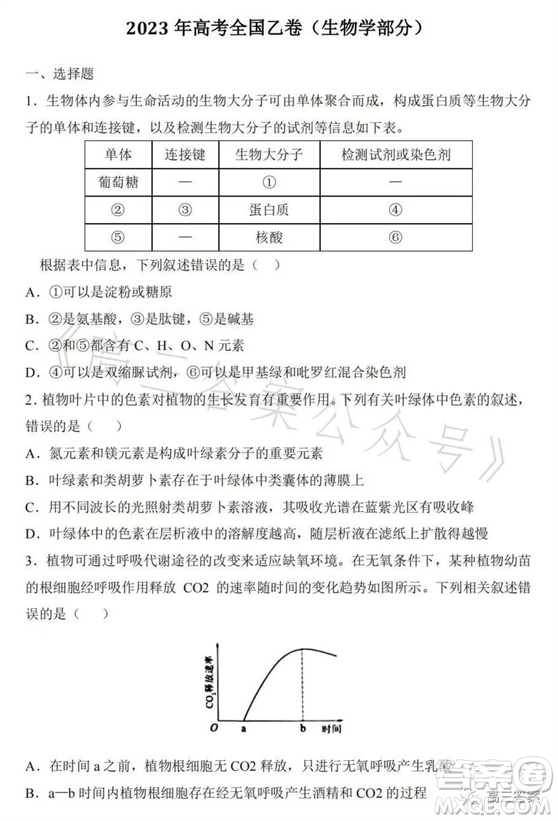 2023年高考全國(guó)乙卷理科綜合生物試題答案