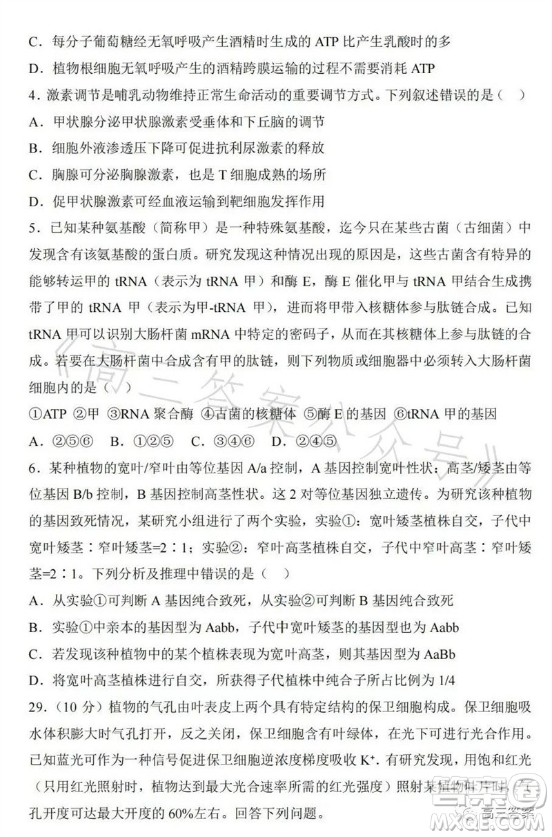 2023年高考全國(guó)乙卷理科綜合生物試題答案