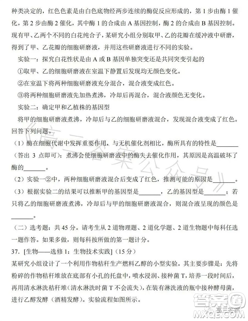 2023年高考全國(guó)乙卷理科綜合生物試題答案