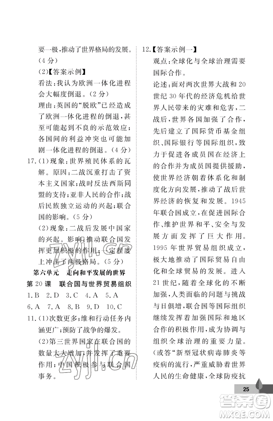 武漢大學(xué)出版社2023黃岡作業(yè)本九年級下冊歷史人教版參考答案