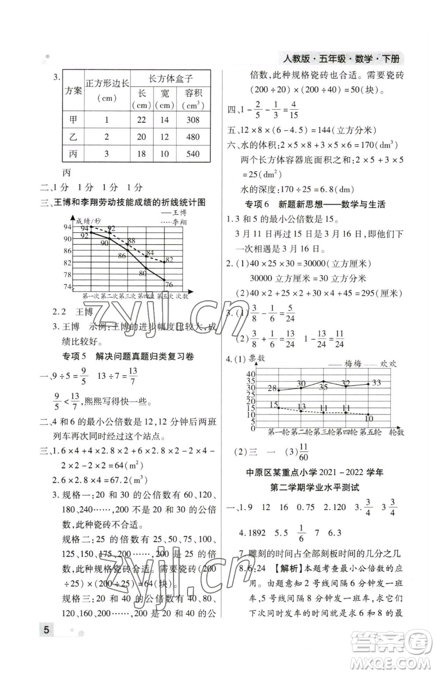 北方婦女兒童出版社2023期末考試必刷卷五年級下冊數(shù)學人教版鄭州專版參考答案