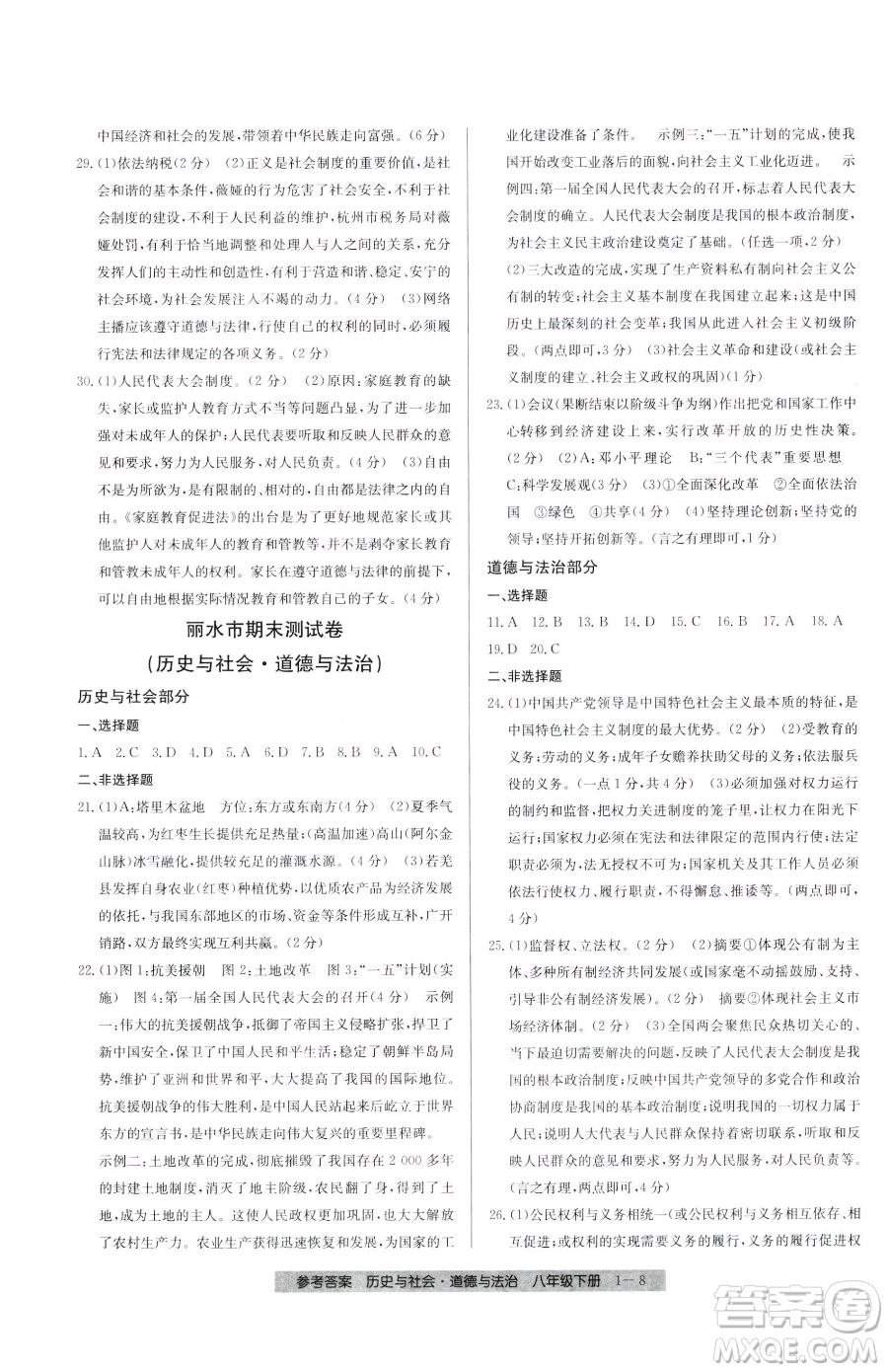 寧波出版社2023期末直通車八年級(jí)下冊道德與法治人教版參考答案