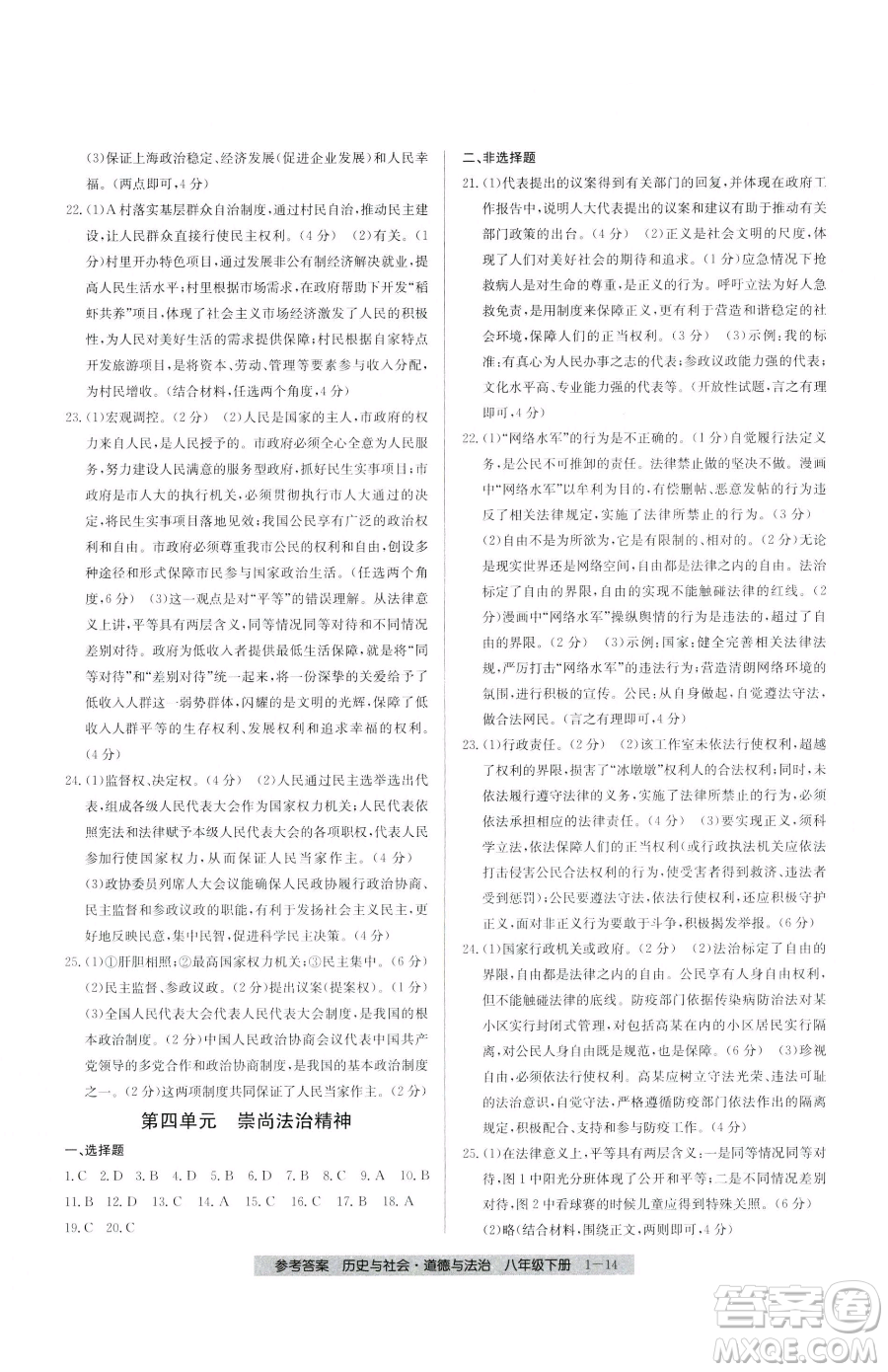 寧波出版社2023期末直通車八年級(jí)下冊道德與法治人教版參考答案