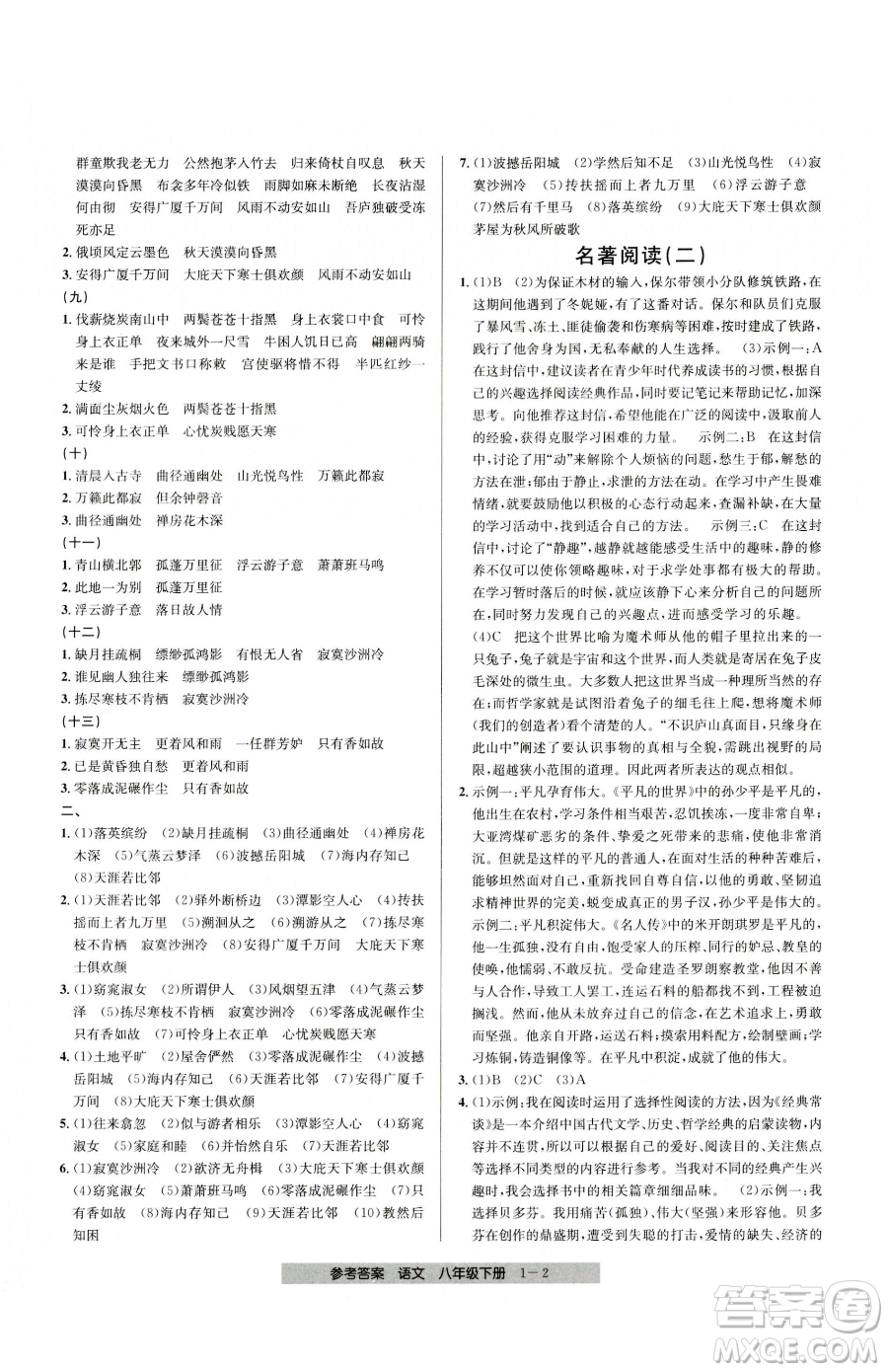 寧波出版社2023期末直通車八年級下冊語文人教版參考答案