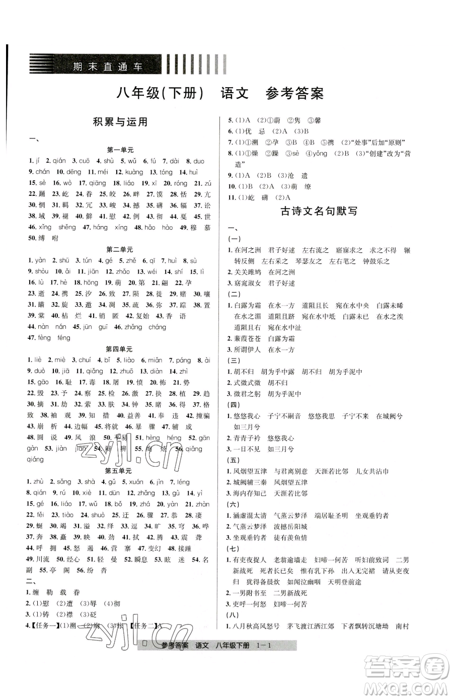 寧波出版社2023期末直通車八年級下冊語文人教版參考答案