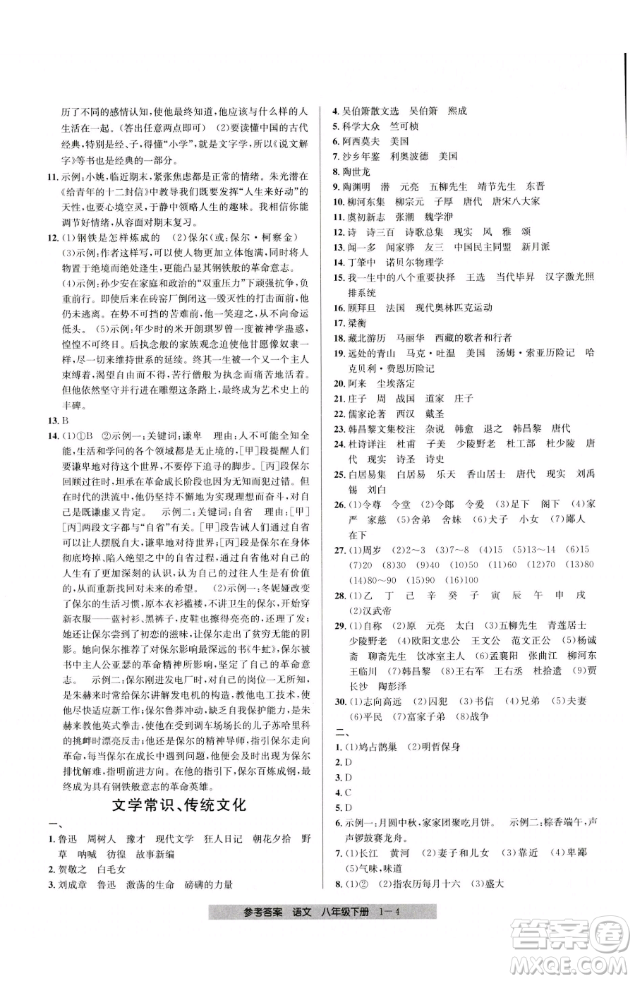 寧波出版社2023期末直通車八年級下冊語文人教版參考答案