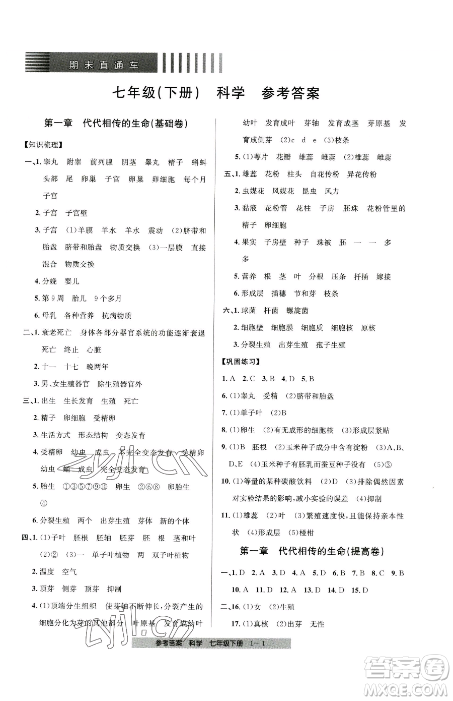 寧波出版社2023期末直通車七年級下冊科學(xué)浙教版參考答案