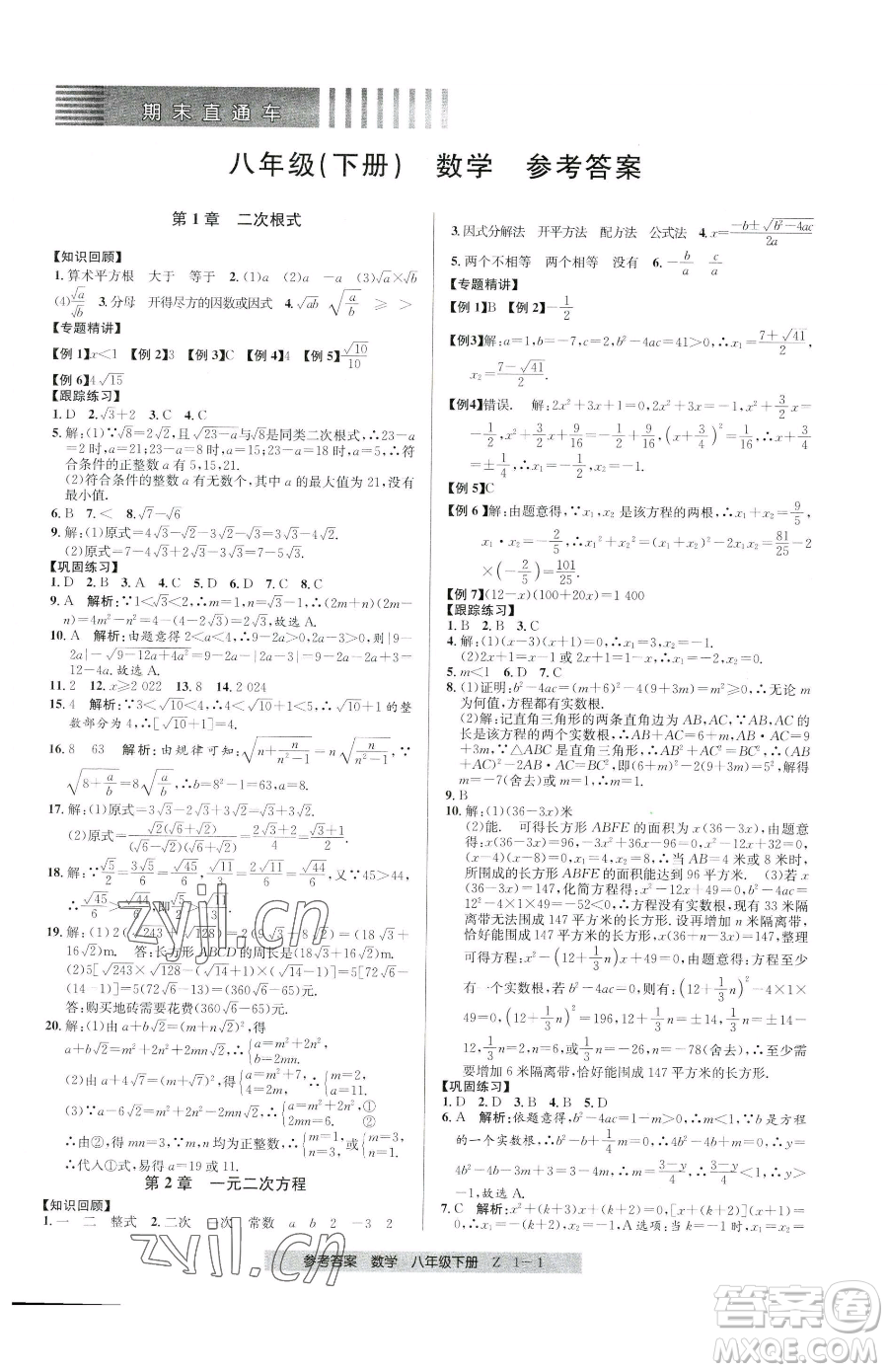 寧波出版社2023期末直通車八年級下冊數(shù)學浙教版參考答案