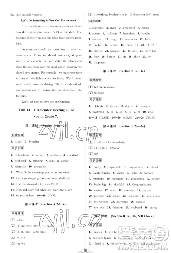 北京教育出版社2023教與學(xué)課程同步講練九年級(jí)全一冊(cè)英語人教版參考答案