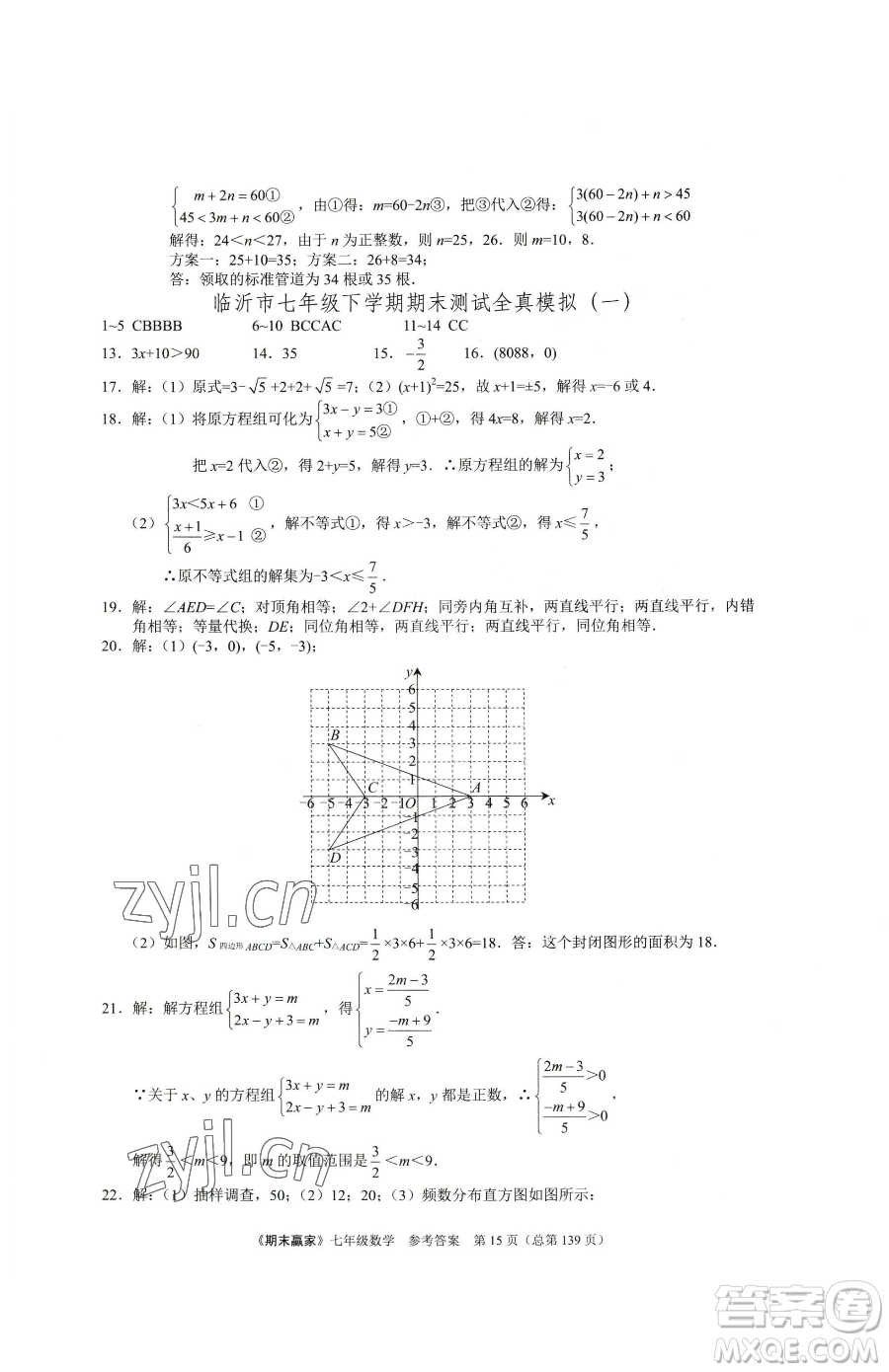 云南美術(shù)出版社2023期末贏家七年級下冊數(shù)學(xué)人教版臨沂專用參考答案