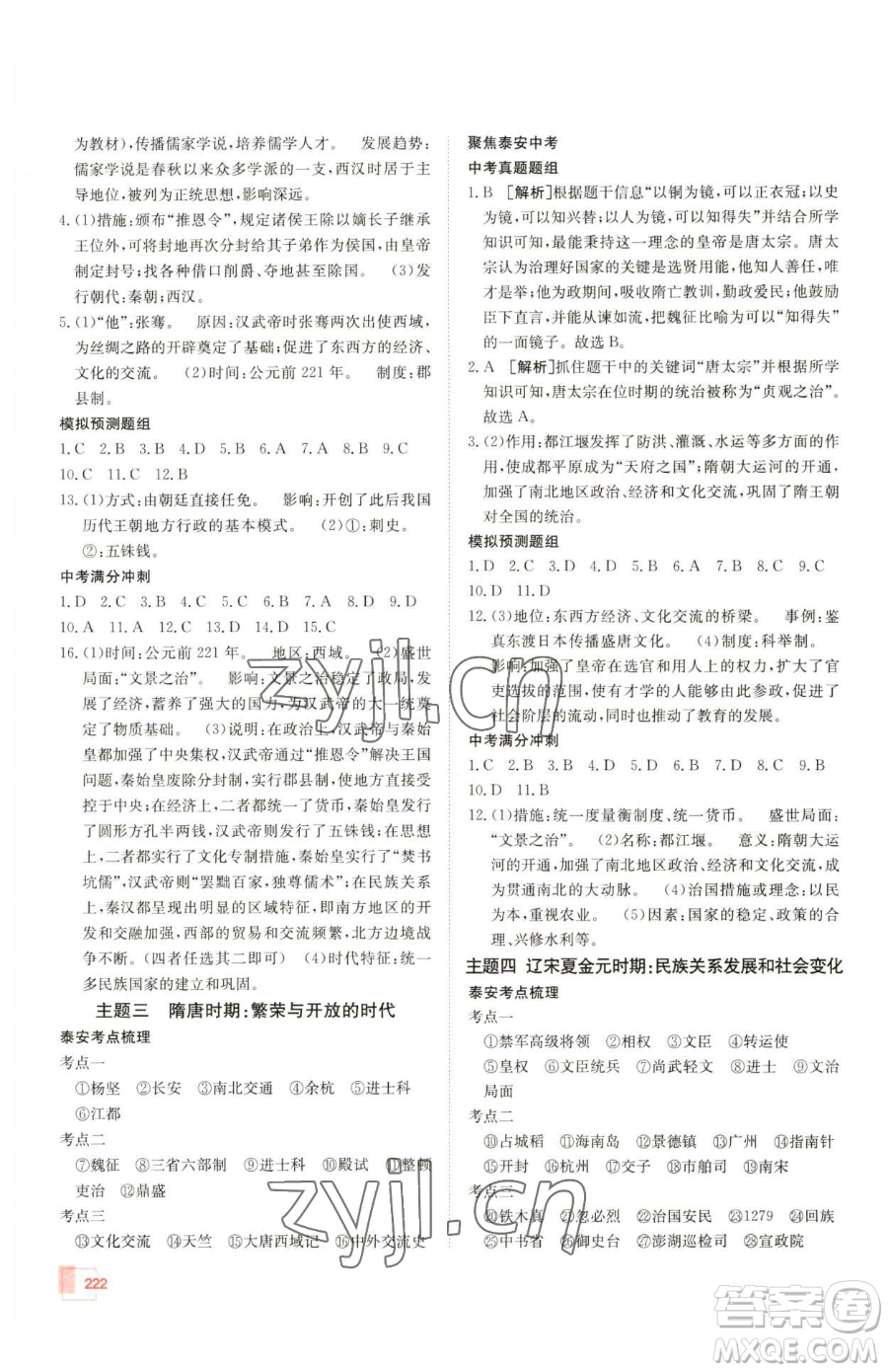 新疆青少年出版社2023升學(xué)錦囊九年級(jí)全一冊(cè)歷史泰安專版參考答案