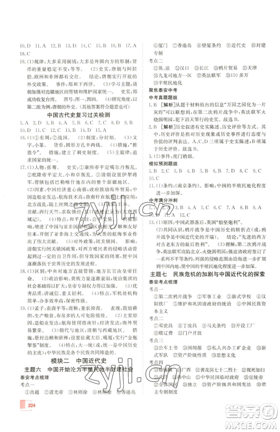 新疆青少年出版社2023升學(xué)錦囊九年級(jí)全一冊(cè)歷史泰安專版參考答案