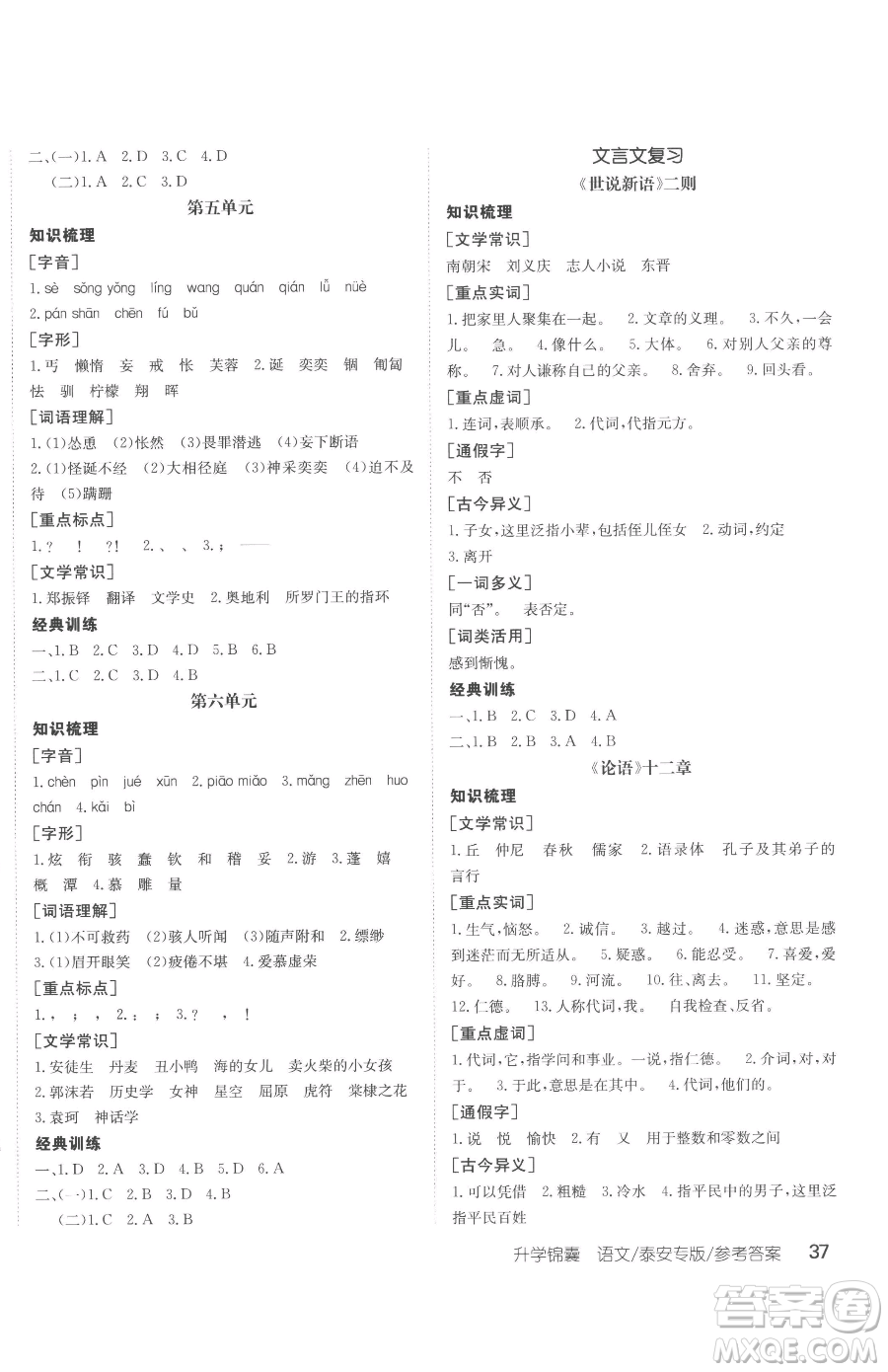 新疆青少年出版社2023升學(xué)錦囊九年級(jí)全一冊(cè)語(yǔ)文泰安專版參考答案