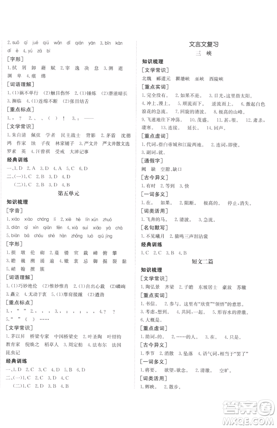 新疆青少年出版社2023升學(xué)錦囊九年級(jí)全一冊(cè)語(yǔ)文泰安專版參考答案