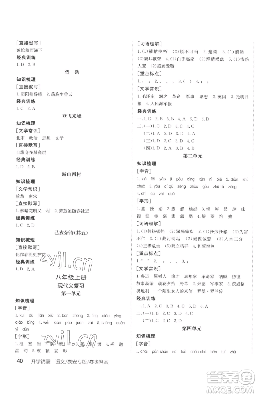 新疆青少年出版社2023升學(xué)錦囊九年級(jí)全一冊(cè)語(yǔ)文泰安專版參考答案