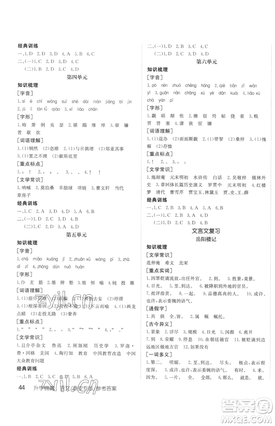 新疆青少年出版社2023升學(xué)錦囊九年級(jí)全一冊(cè)語(yǔ)文泰安專版參考答案