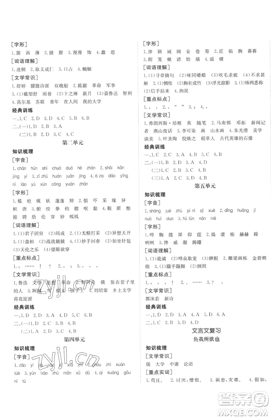 新疆青少年出版社2023升學(xué)錦囊九年級(jí)全一冊(cè)語(yǔ)文泰安專版參考答案