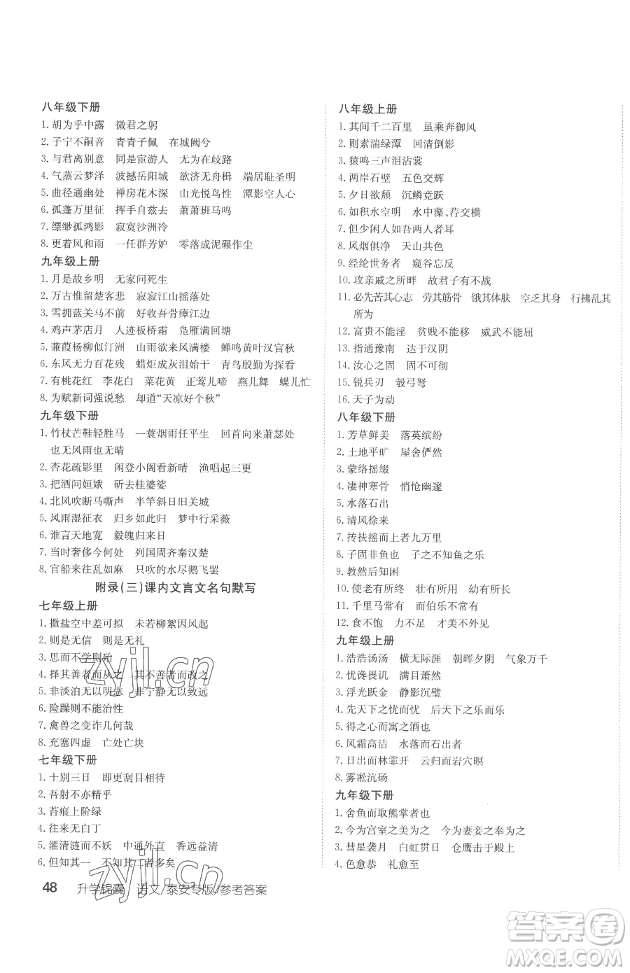 新疆青少年出版社2023升學(xué)錦囊九年級(jí)全一冊(cè)語(yǔ)文泰安專版參考答案