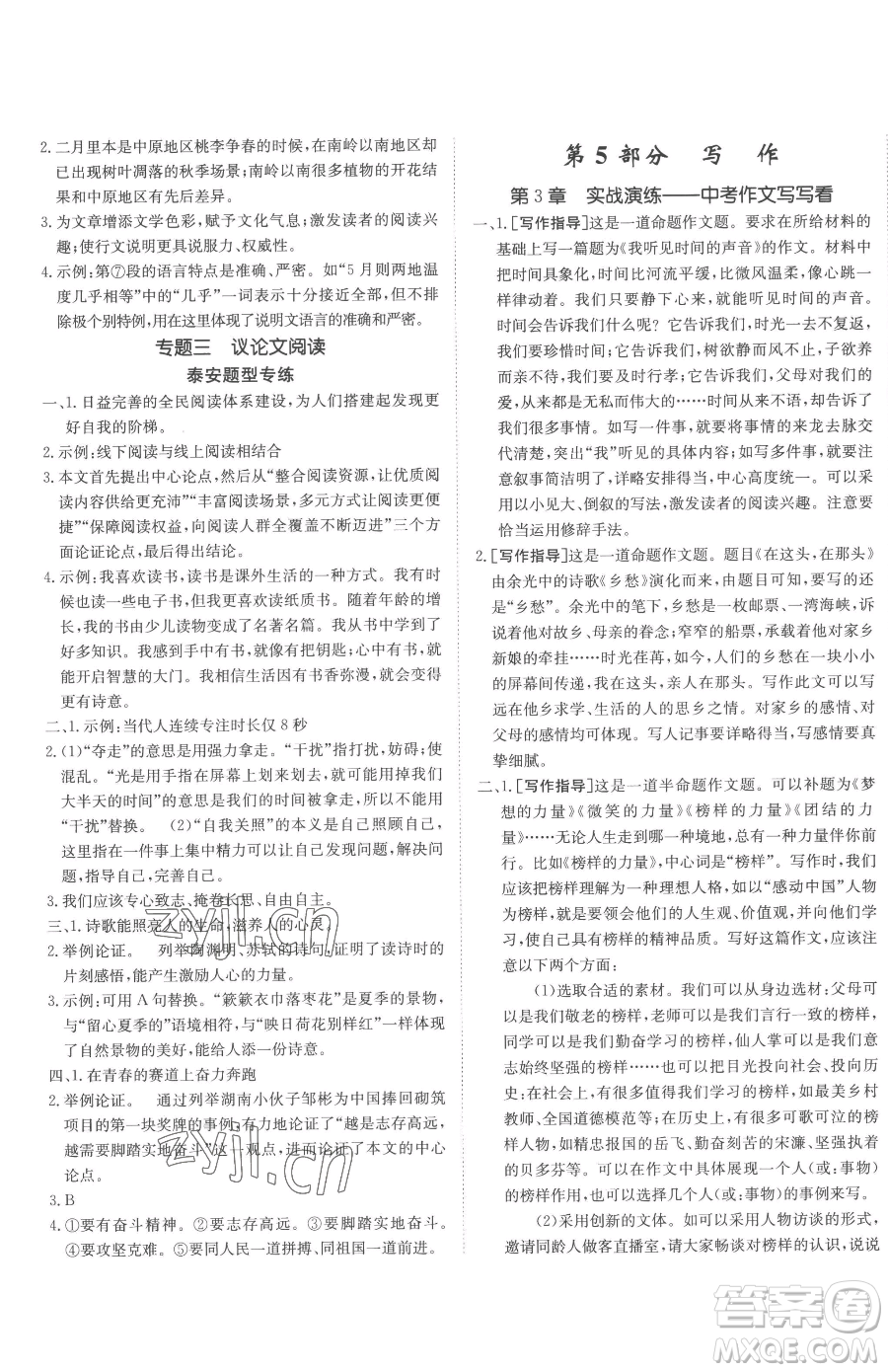 新疆青少年出版社2023升學(xué)錦囊九年級(jí)全一冊(cè)語(yǔ)文泰安專版參考答案