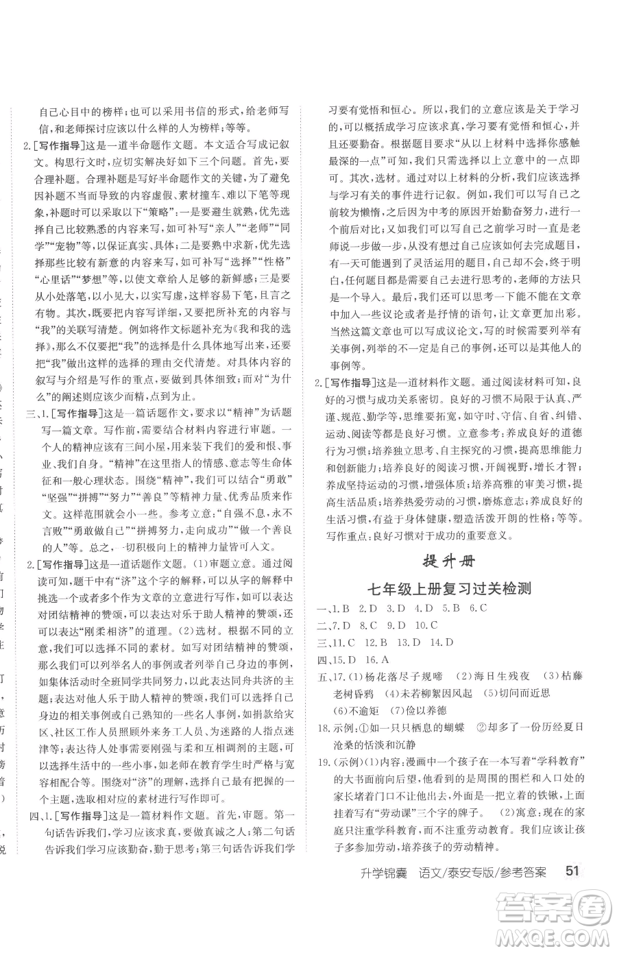 新疆青少年出版社2023升學(xué)錦囊九年級(jí)全一冊(cè)語(yǔ)文泰安專版參考答案