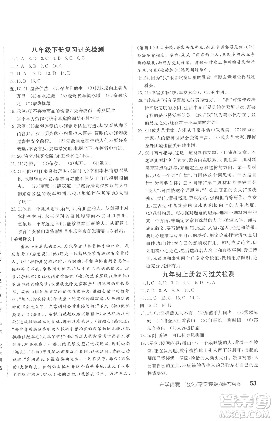 新疆青少年出版社2023升學(xué)錦囊九年級(jí)全一冊(cè)語(yǔ)文泰安專版參考答案