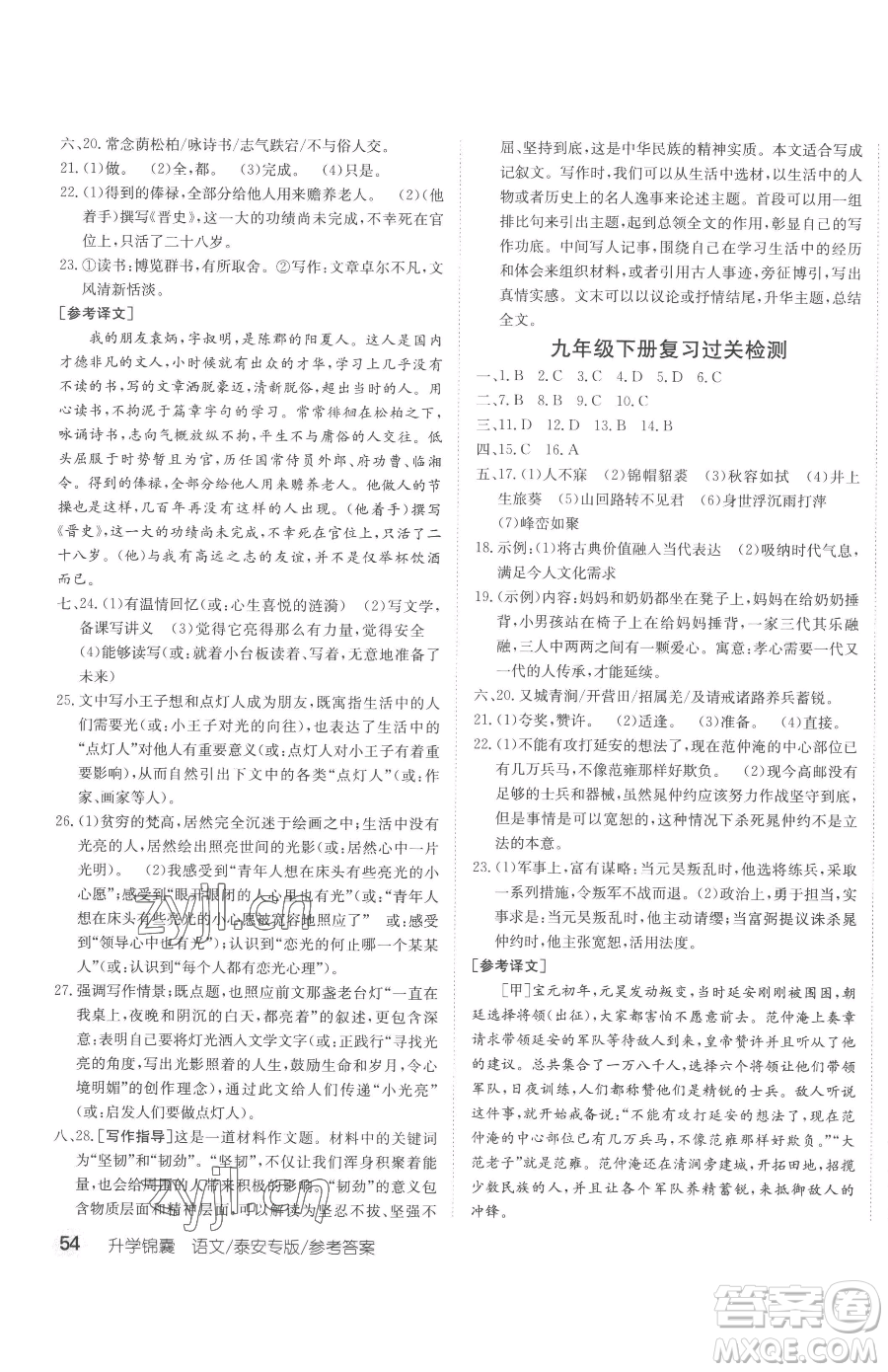 新疆青少年出版社2023升學(xué)錦囊九年級(jí)全一冊(cè)語(yǔ)文泰安專版參考答案