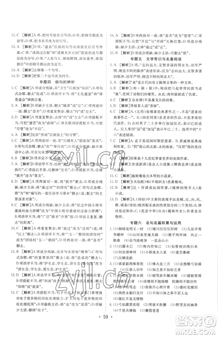 新疆青少年出版社2023升學(xué)錦囊九年級(jí)全一冊(cè)語(yǔ)文泰安專版參考答案