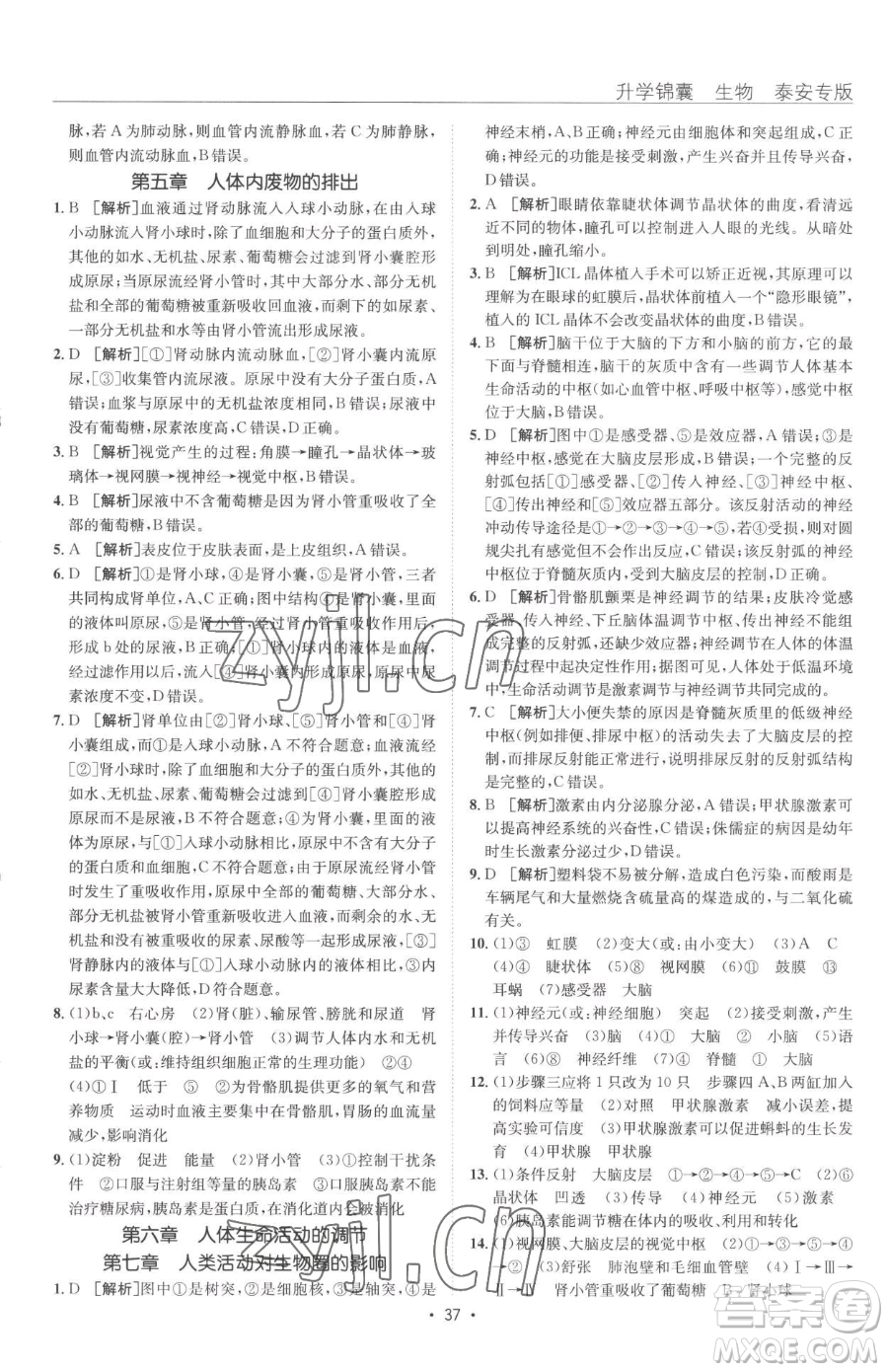 新疆青少年出版社2023升學(xué)錦囊九年級(jí)全一冊(cè)生物泰安專(zhuān)版參考答案