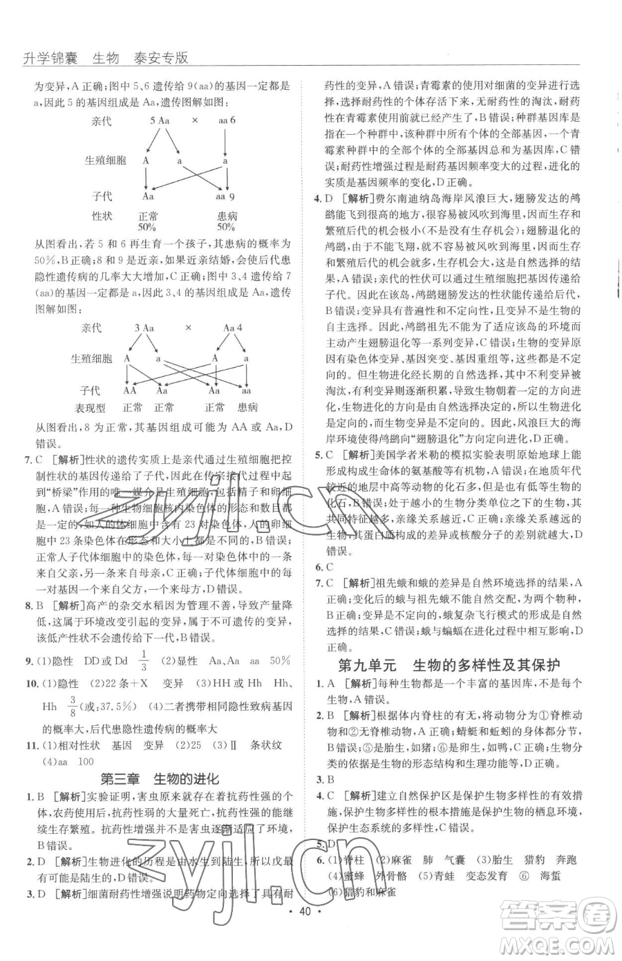 新疆青少年出版社2023升學(xué)錦囊九年級(jí)全一冊(cè)生物泰安專(zhuān)版參考答案