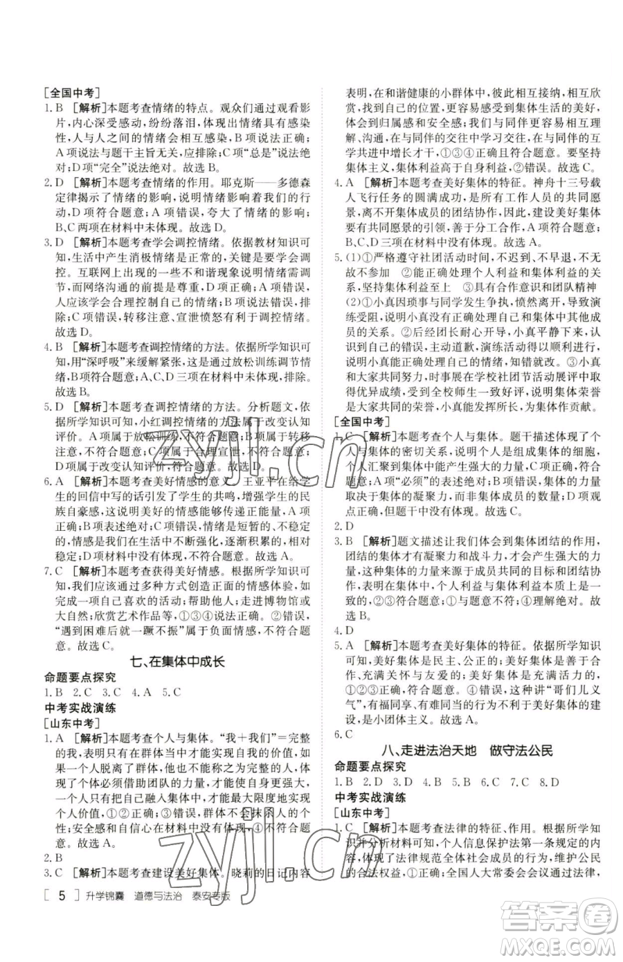 新疆青少年出版社2023升學(xué)錦囊九年級(jí)全一冊(cè)道德與法治泰安專版參考答案
