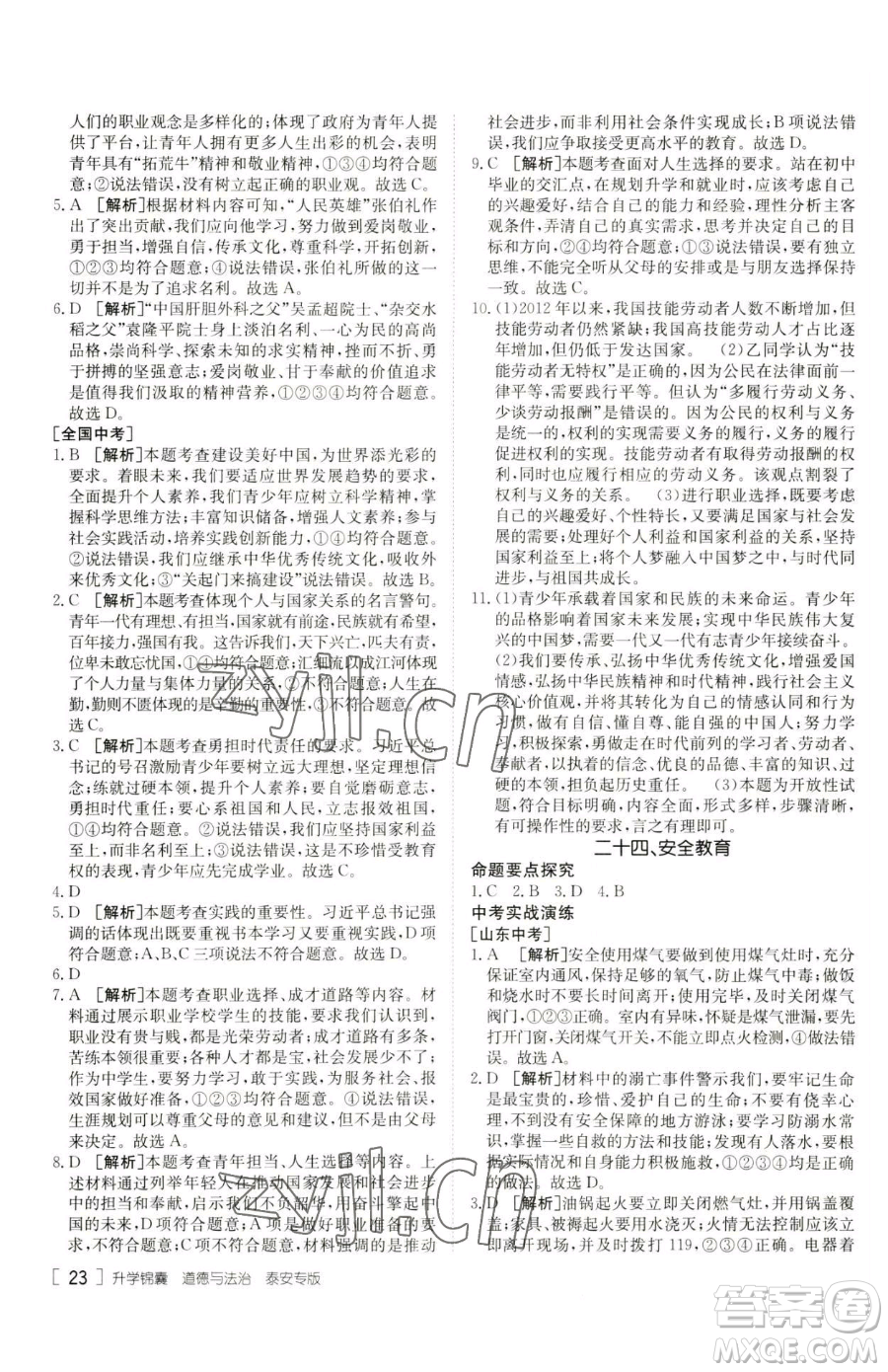新疆青少年出版社2023升學(xué)錦囊九年級(jí)全一冊(cè)道德與法治泰安專版參考答案