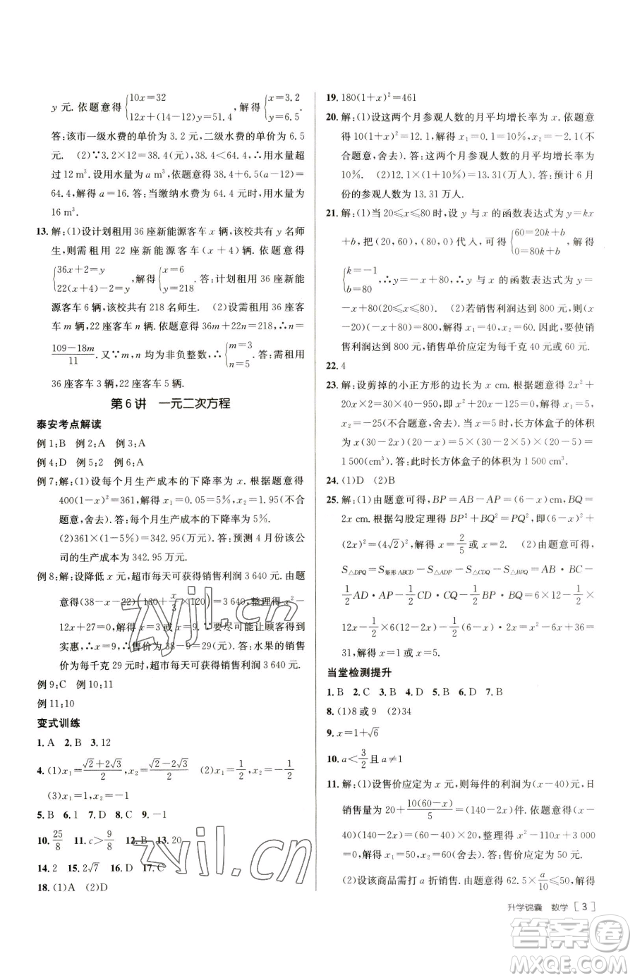 新疆青少年出版社2023升學(xué)錦囊九年級(jí)全一冊(cè)數(shù)學(xué)泰安專版參考答案