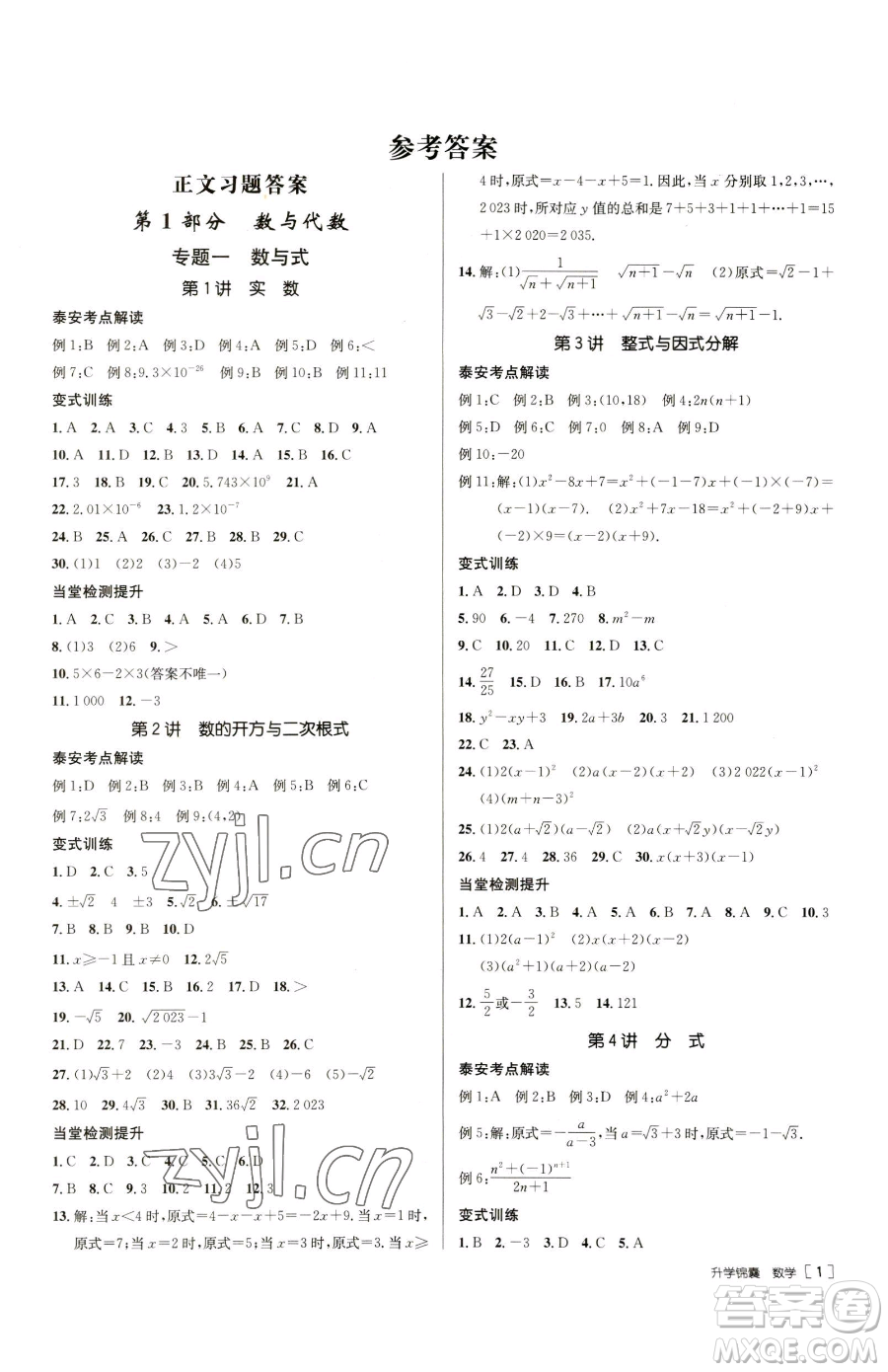 新疆青少年出版社2023升學(xué)錦囊九年級(jí)全一冊(cè)數(shù)學(xué)泰安專版參考答案