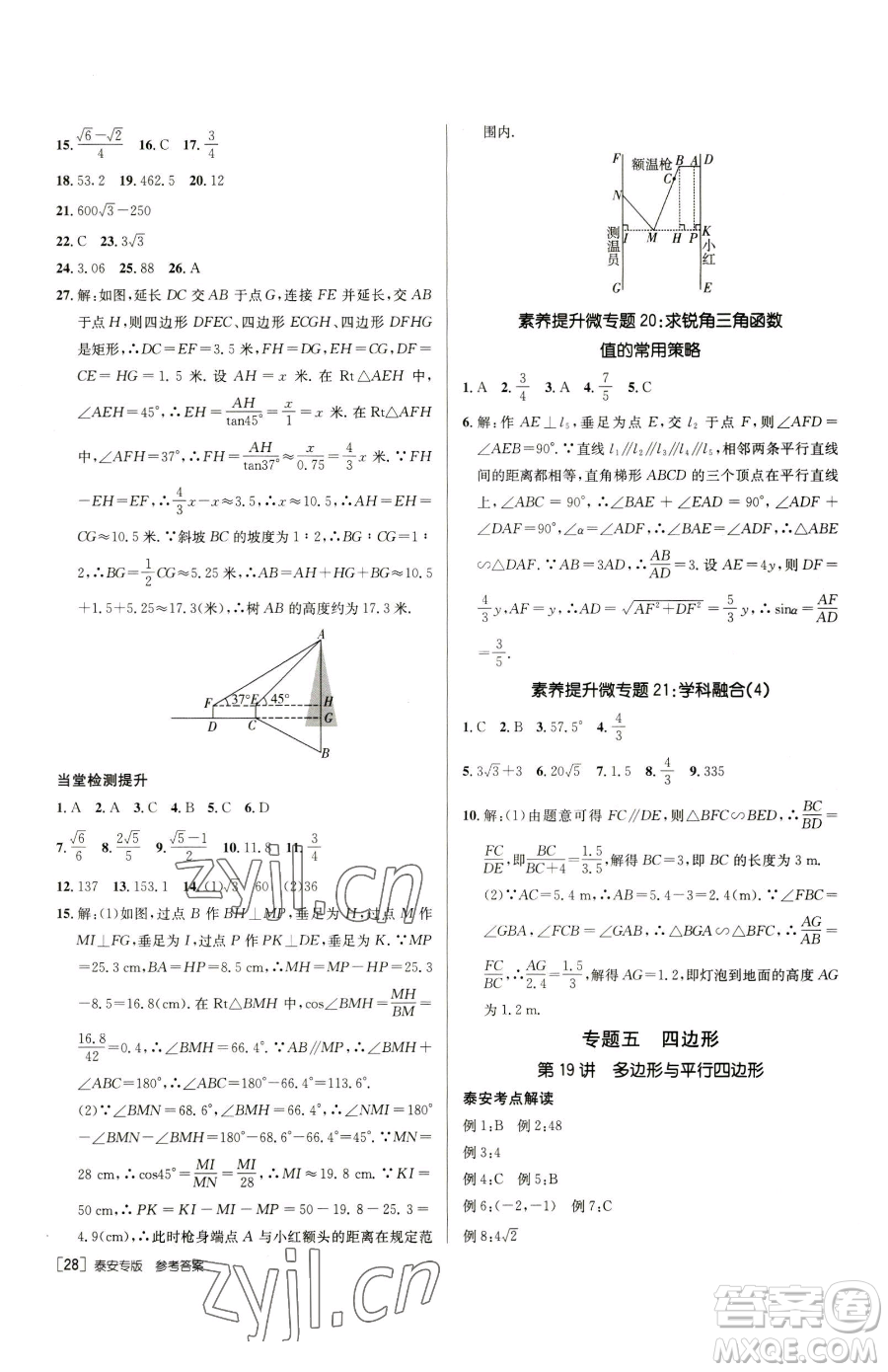 新疆青少年出版社2023升學(xué)錦囊九年級(jí)全一冊(cè)數(shù)學(xué)泰安專版參考答案