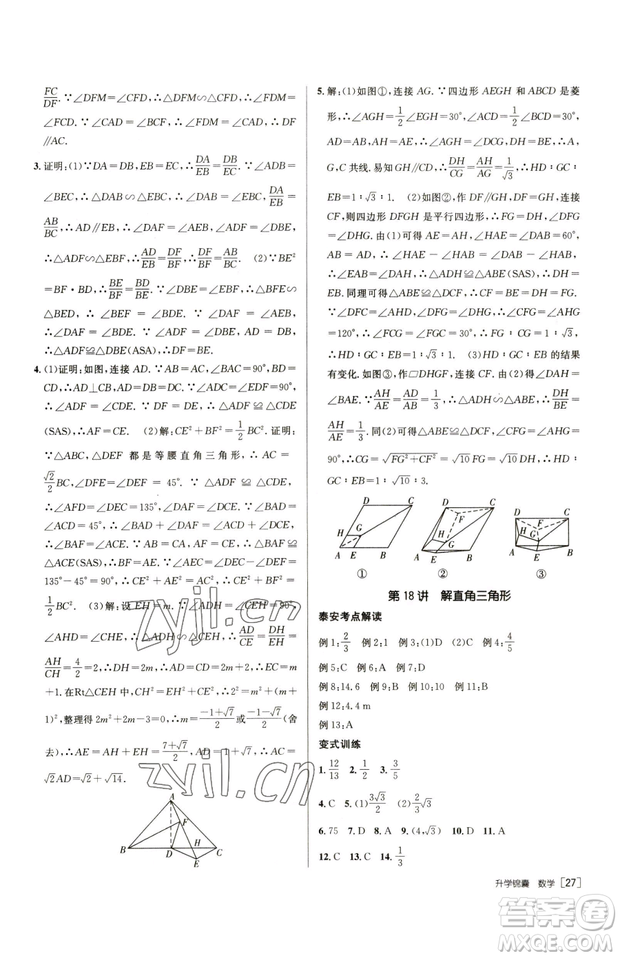新疆青少年出版社2023升學(xué)錦囊九年級(jí)全一冊(cè)數(shù)學(xué)泰安專版參考答案