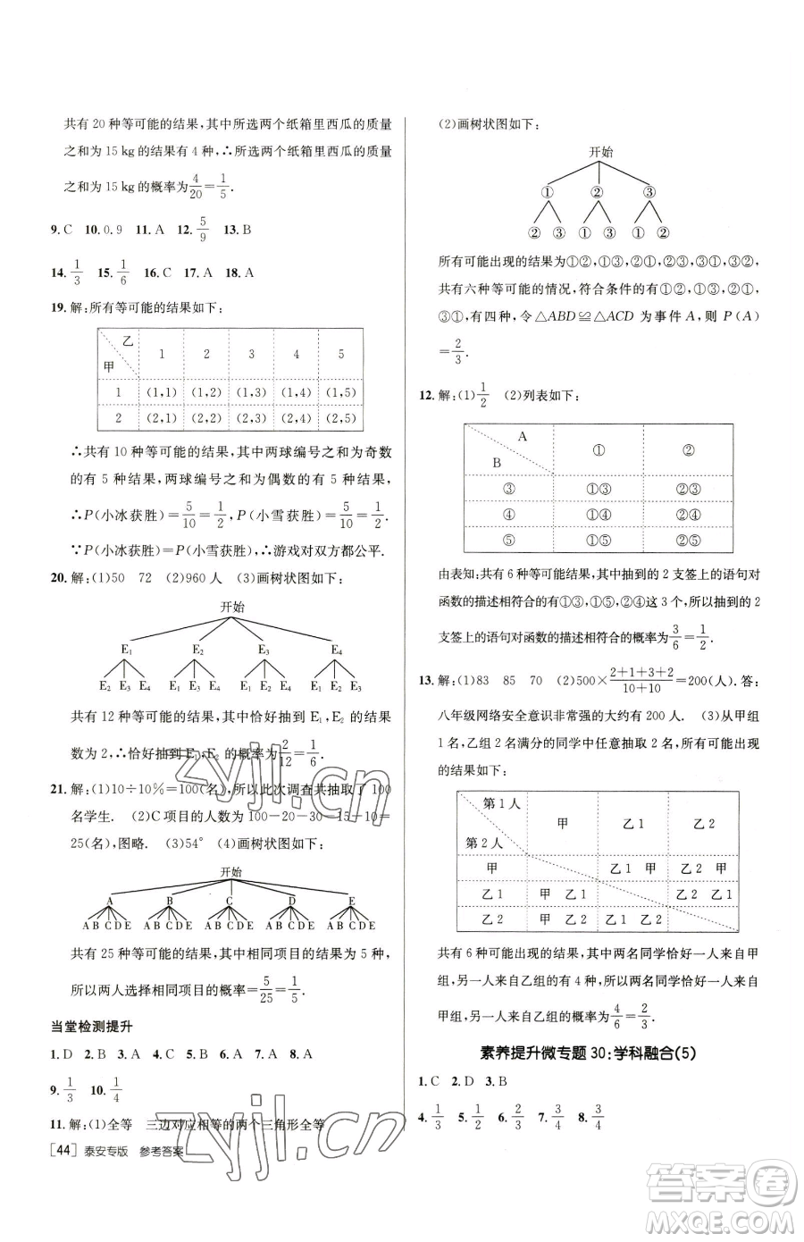 新疆青少年出版社2023升學(xué)錦囊九年級(jí)全一冊(cè)數(shù)學(xué)泰安專版參考答案