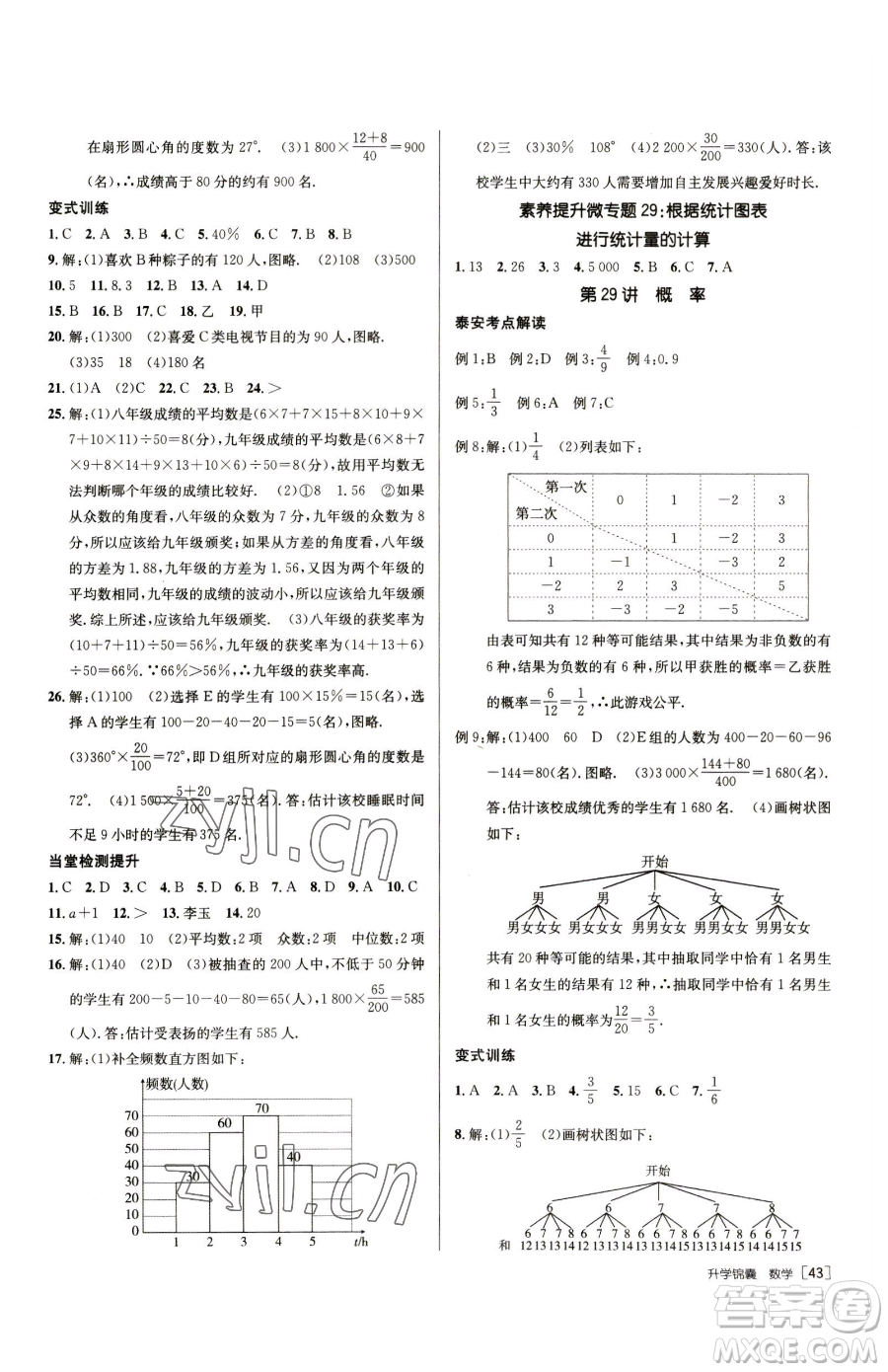 新疆青少年出版社2023升學(xué)錦囊九年級(jí)全一冊(cè)數(shù)學(xué)泰安專版參考答案