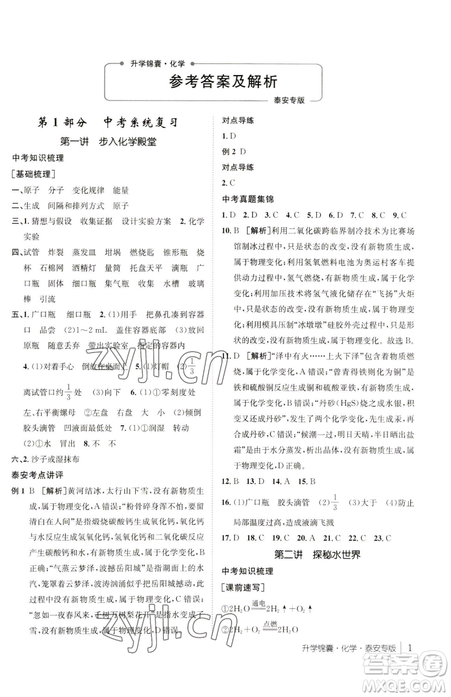 新疆青少年出版社2023升學錦囊九年級全一冊化學泰安專版參考答案