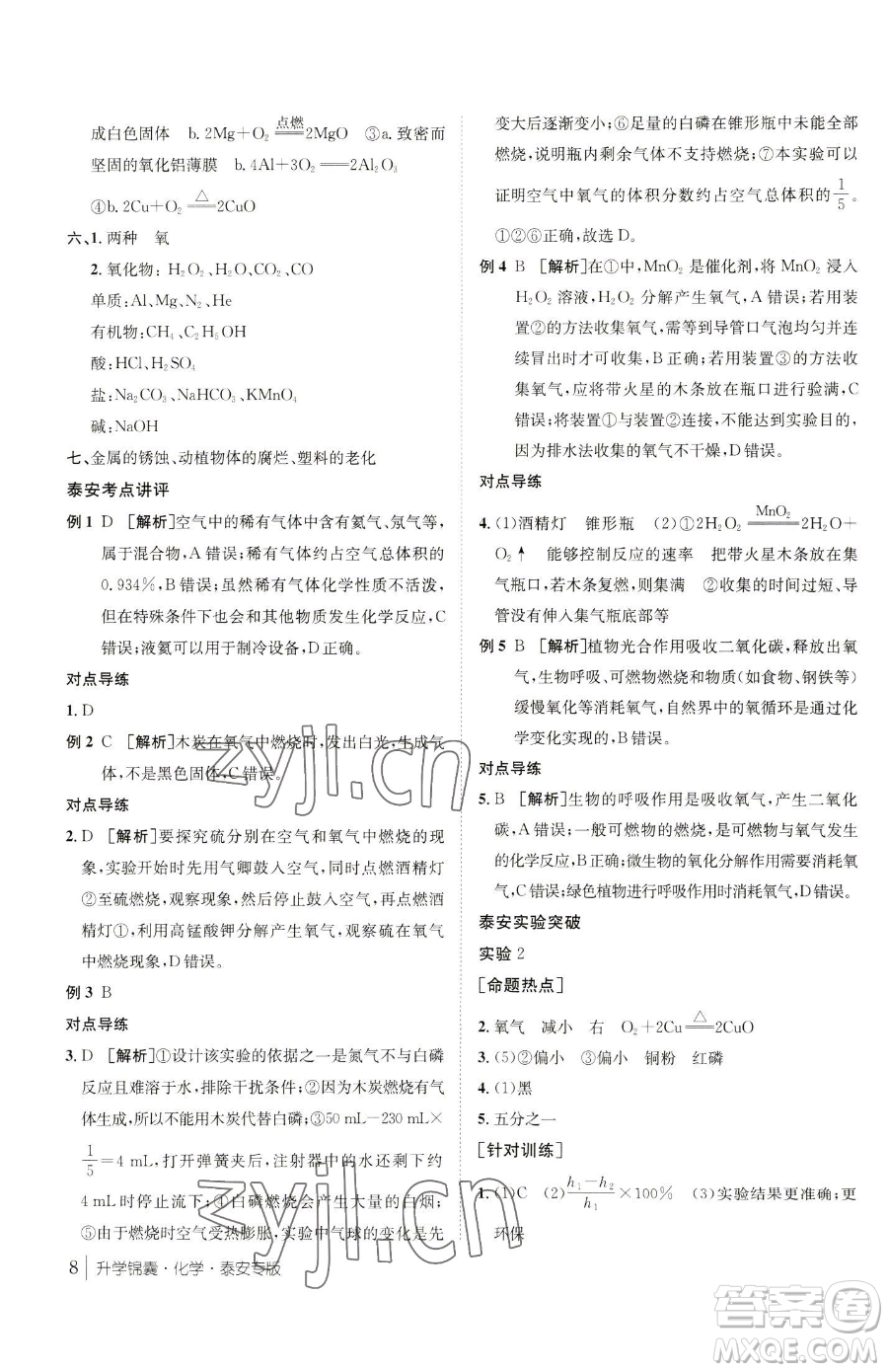 新疆青少年出版社2023升學錦囊九年級全一冊化學泰安專版參考答案
